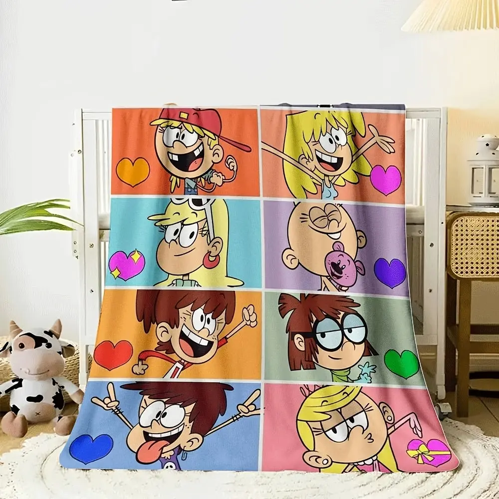 1pc The Loud House Flannel Blanket - 8 Characters Grid Colorful Blocks Heart Print, All-Season Cozy Home Travel Blanket, Whimsical Home-House Decor, Perfect Birthday Gift for Animated Series Lovers, Room Decor, Whimsical Home Decor