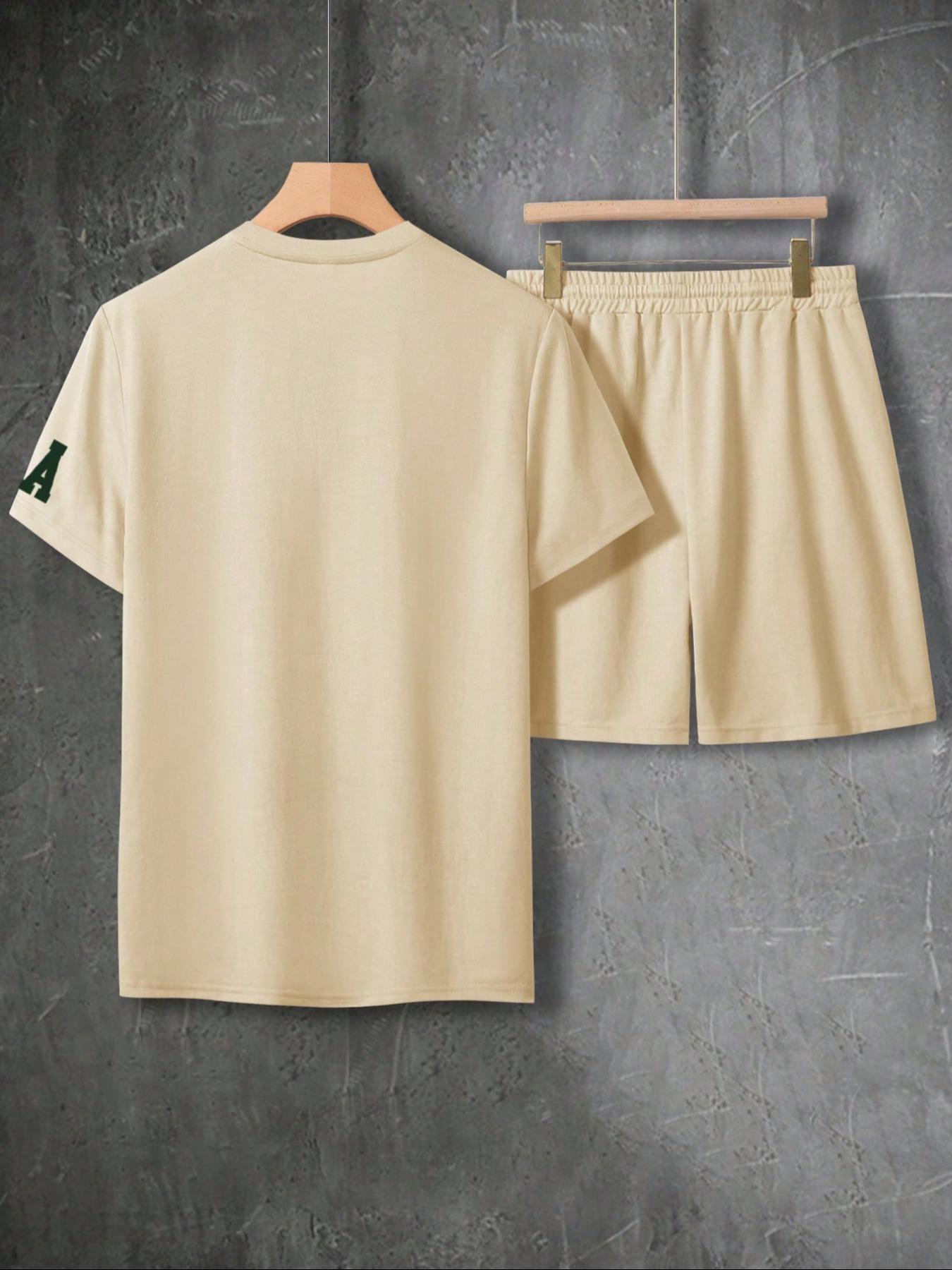 Two-Piece Set Men's Letter Print Short Sleeve Tee & Shorts Set, Regular Fit Casual Round Neck T-shirt & Track Shorts, Men's Summer Clothes, Menswear