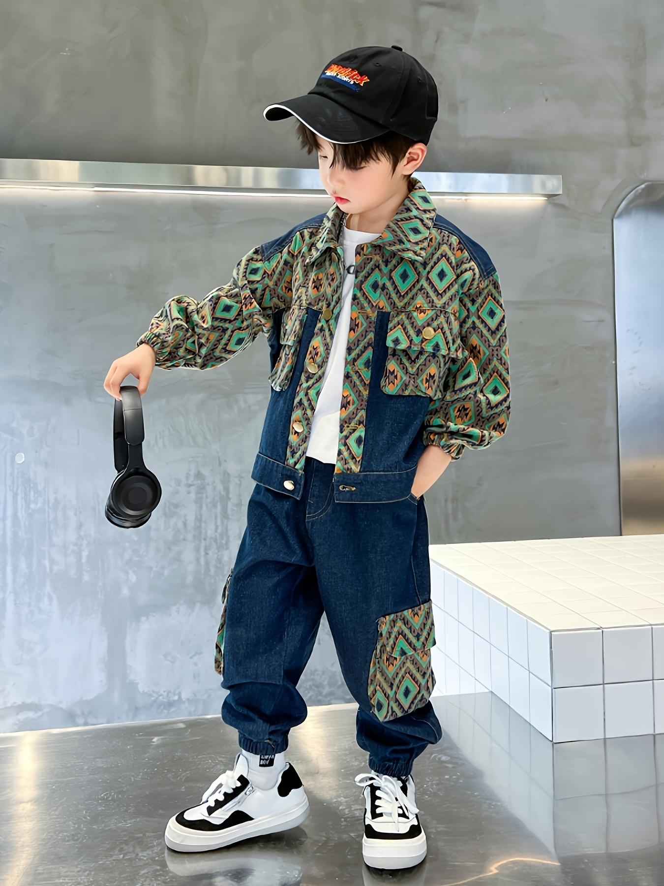 NewSuit Boys' Autumn Wear 2025 New Style Big Spring And Autumn Style Rogue Handsome Clothes Foreign Style Bohemian Style Fashion Suit Faux Denim Suit Two-Piece Set, for Outdoor