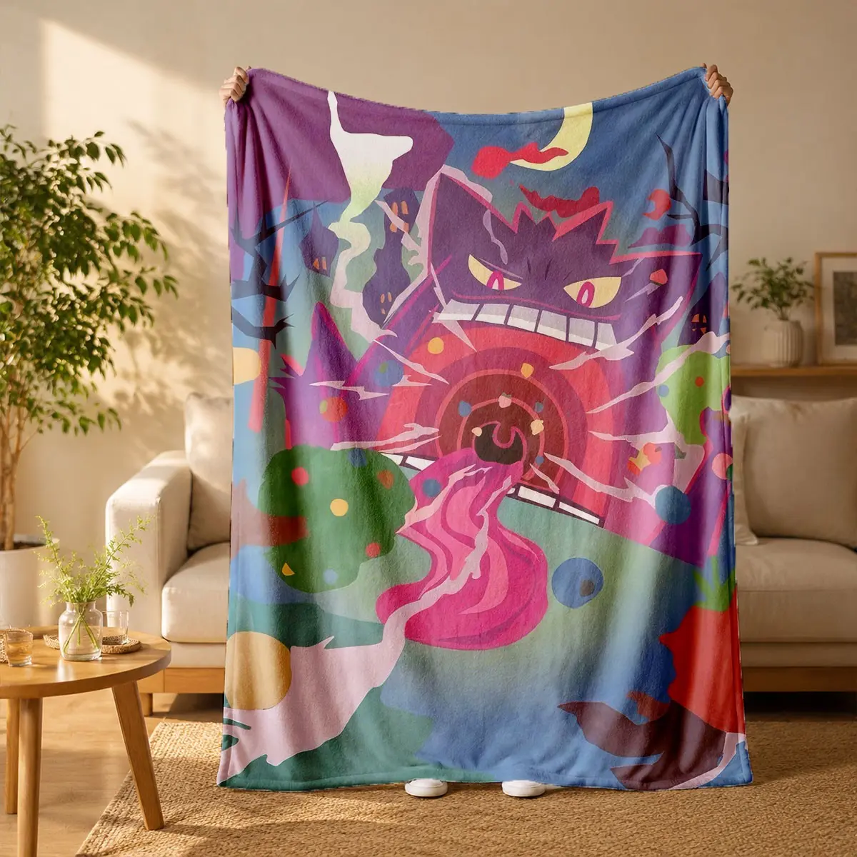Pokemon Gengar Haunted Night Print Flannel Blanket - Suitable for all seasons, soft, lightweight and breathable, for bedroom, seasonal and holiday decorations - Perfect for beds, sofas, offices, camping and travel