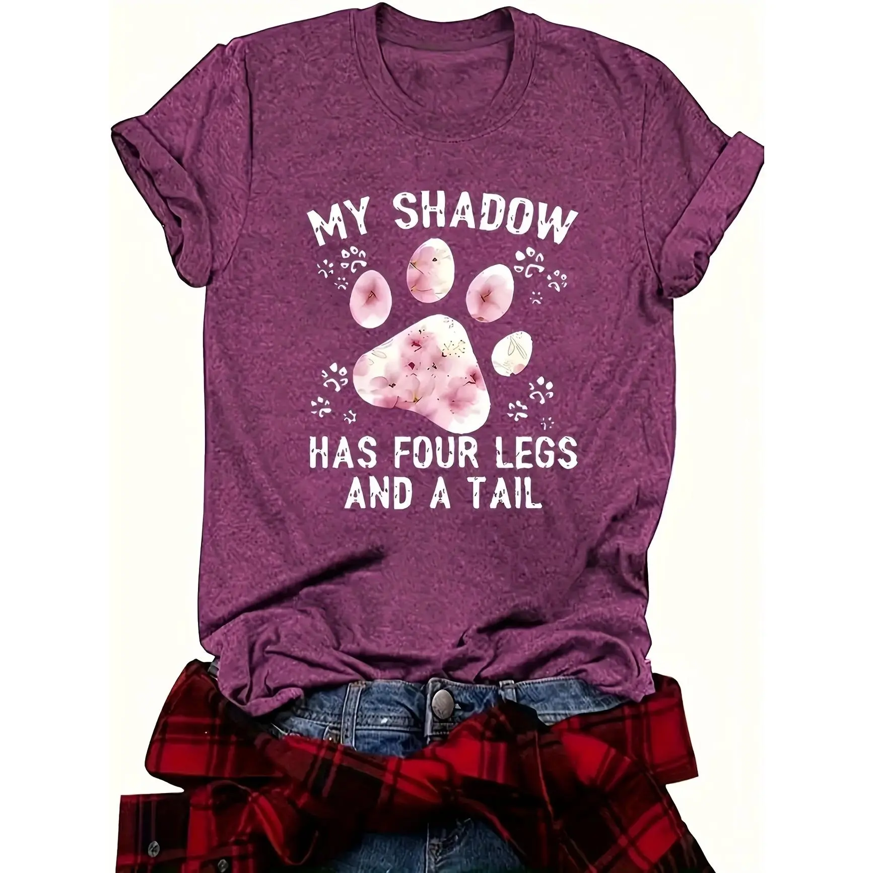 Cat Paw Print Graphic Cotton T-Shirt, Cute Fashion Comfort Outfit, Oversized Crew Neck Tee, Perfect Valentine's Day Gift For Cat Lovers