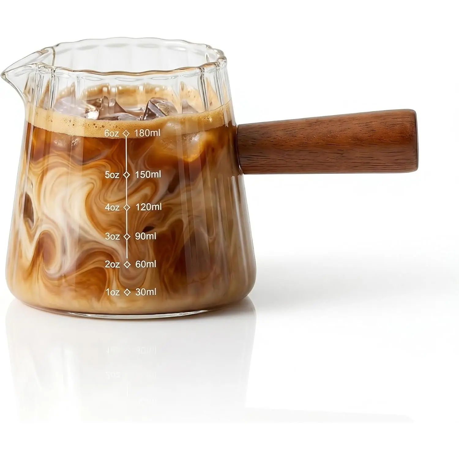 6 oz Espresso Cups With Wood Handle, Espresso Accessories, Ribbed Milk Frothing Pitcher, Glass Measuring Cup, Shot Glass with V-Shaped Mouth, Coffee Bar Epresso Shots Cup