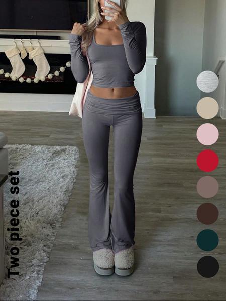 Women's Solid Color Square Neck Crop Tee & Flare Leg Pants Set, Casual Fashion Cozy Two Piece Outfits for Daily Outdoor Wear, Airport Outfit