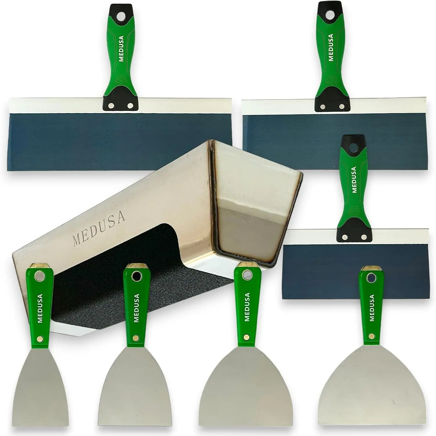 's Carbon and Blue Steel Drywall Taping  set with S.S. 12" Mud Pan And Grip: Classic Style Light Handles with  Flexible , Note to Beginners   will Rust, watch video