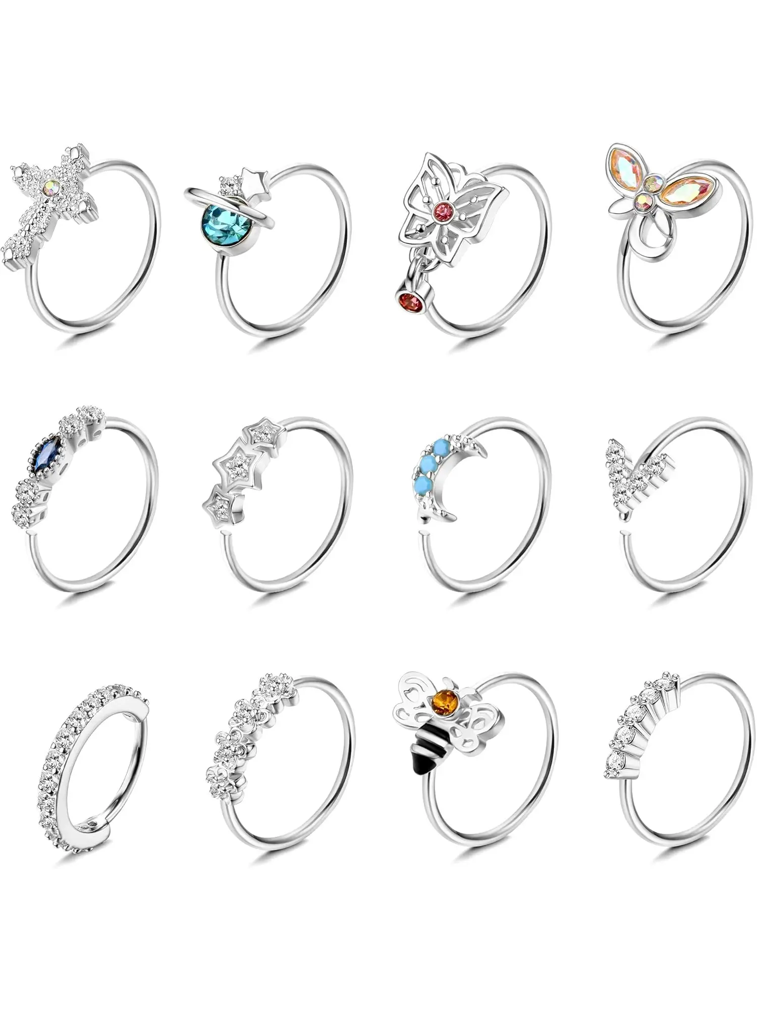 12Pcs Dangle Nose Rings Hoops 20G for Women Surgical Steel Piercing | Hypoallgenic Stainless Steel Nose Piercing, Nose Hoop Nostril Piercing Dainty Cartilage Earring Jewelry, Butterfly Star Moon