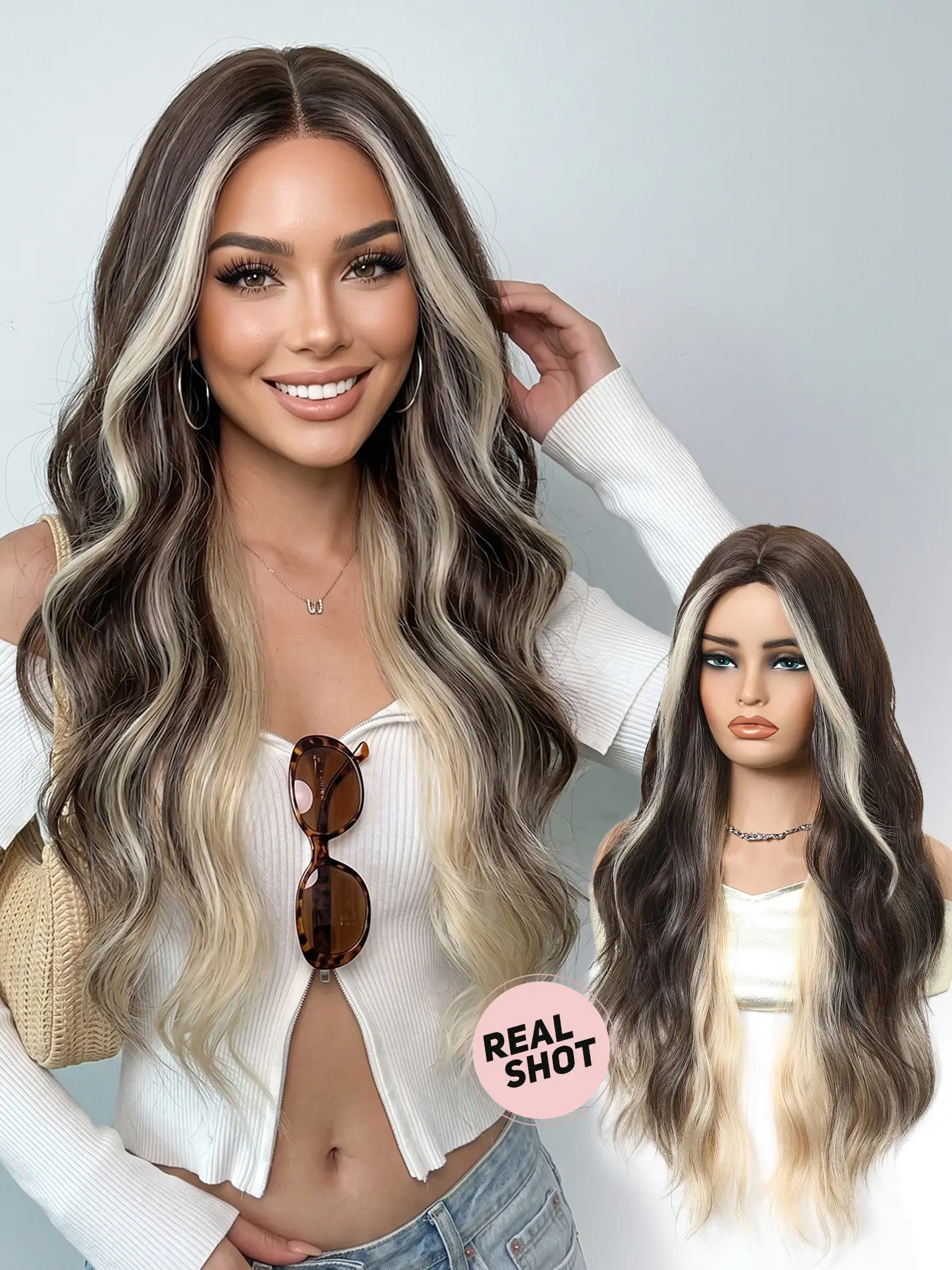 28-Inch Heat-Resistant Synthetic Wig, Middle Part Highlights, Curly Wave, Natural Soft Fiber, Ideal for Daily or Party Use