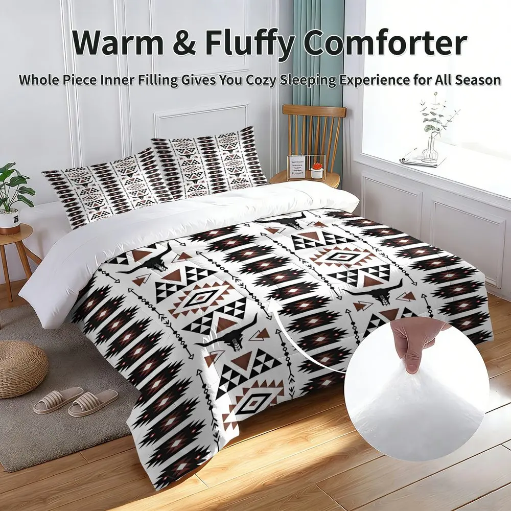 2/3Pcs Western Boho Comforter Set Southwestern Tribal Bedding Set with Skull Print, Soft Lightweight Quilt Bedspread for Bedroom, Includes Matching Pillowcases No Pillow Insert