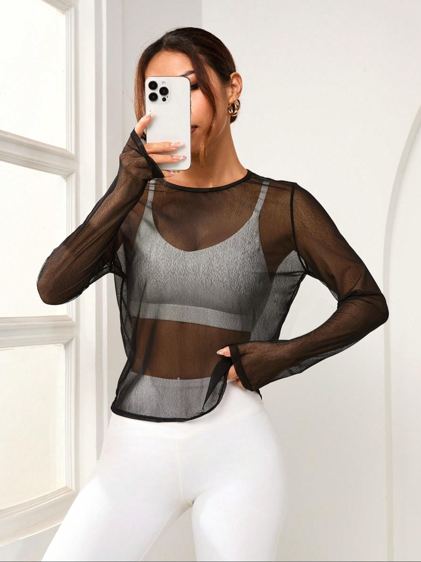 Women's Solid Sheer Round Neck Mesh Sports Tee without Bra, Long Sleeve Crew Neck T-shirt for Daily Outdoor Wear, Ladies Sportswear for All Seasons, Soft Polyester Top