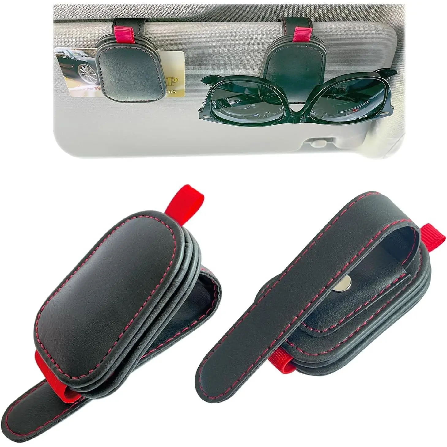 2 Pack Sunglasses Holder for  Visor,  Leather Eyeglass Clip, Applicable to  Eyeglasses,Ticket,Notes and Non- Cards, etc. (Black)