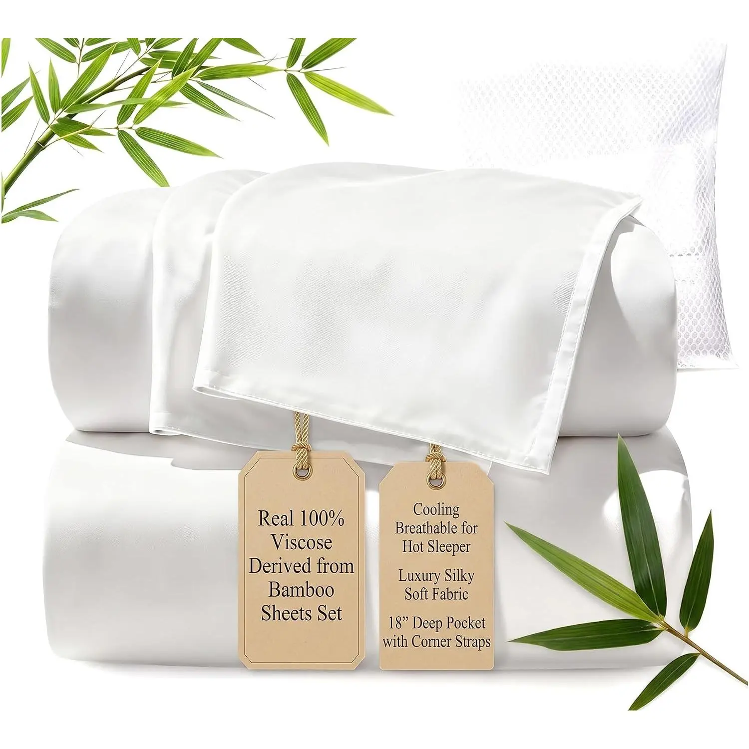 Real  Viscose Derived from  Sheets Set  Size, Cooling & Silky Soft for Hot Sleeper, Breathable &  Wicking Fabric, 18" Deep Pocket with Corner Straps (White, )