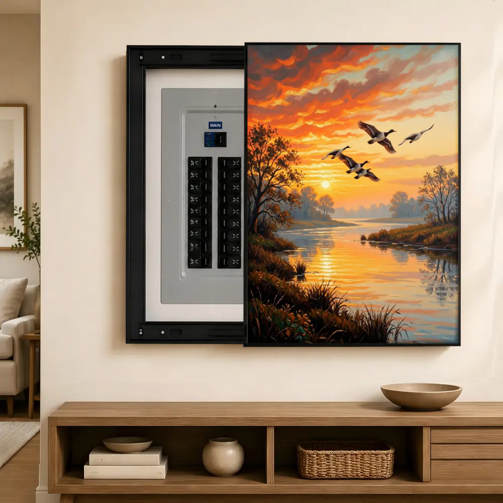 Aluminum Alloy Minimalist Sliding Panel Breaker Box Decorative Cover Frame - Sunset River Landscape with Flying Geese & Trees, Wall-Mounted Electrical Panel Hideaway, 2 Sizes Aluminium Artwork for Living Room Home Offices (Home Decor)