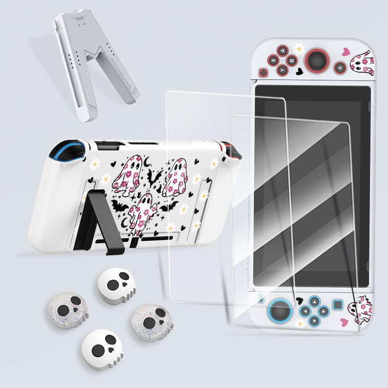 Cute Ghost Pattern Game Console Protective Case with Tempered Film & V-shaped Grip & Rocker Cap, Game Console Accessories for Switch OLED/NS/Lite