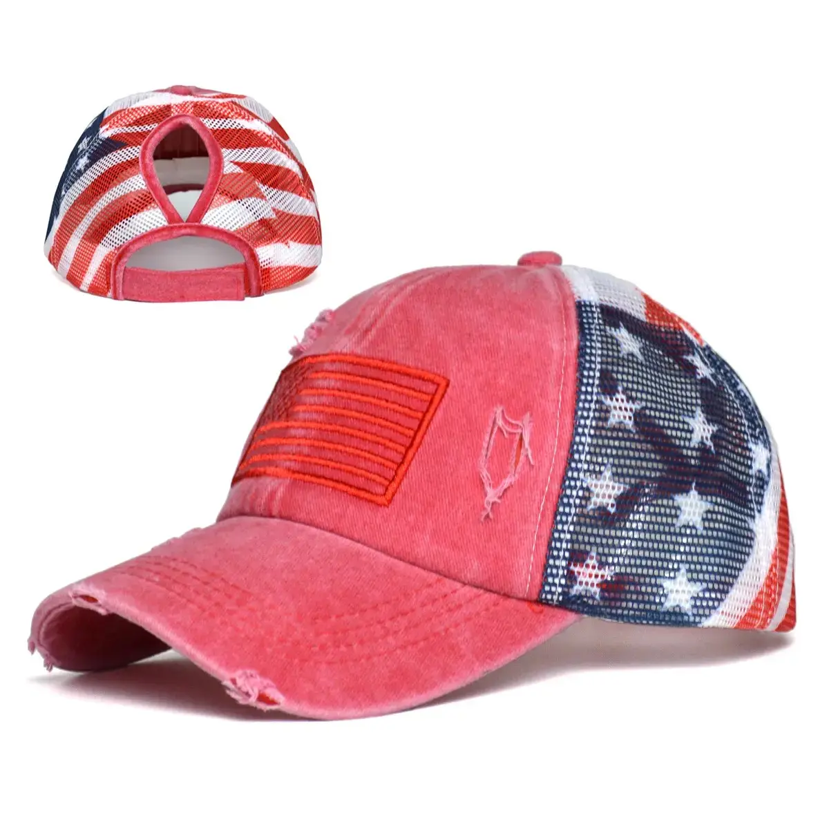 Women’s Distressed Embroidered Baseball Cap - Washed Cotton Casual Embroidery Trucker Hat with Ponytail Opening, USA Flag Patch, Adjustable Snapback, Mesh Back - Vintage Summer Sun Hat for Outdoor Sports, Casual Hat