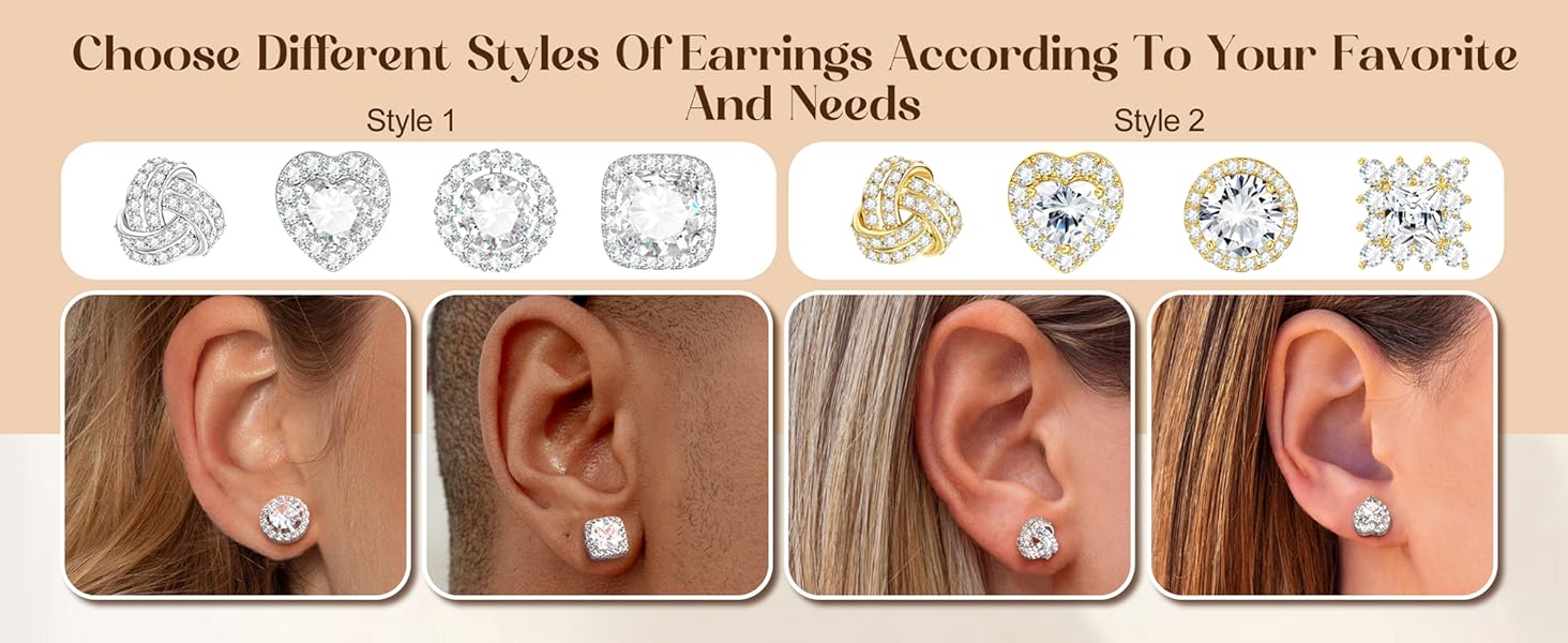 FUNRUN 4 Pairs Sterling Silver CZ Stud Earrings for Women 14K Gold Plated Brilliant Celtic Heart Big Stud Earrings Set Cubic Zirconia Earrings Studs for Sensitive Ear