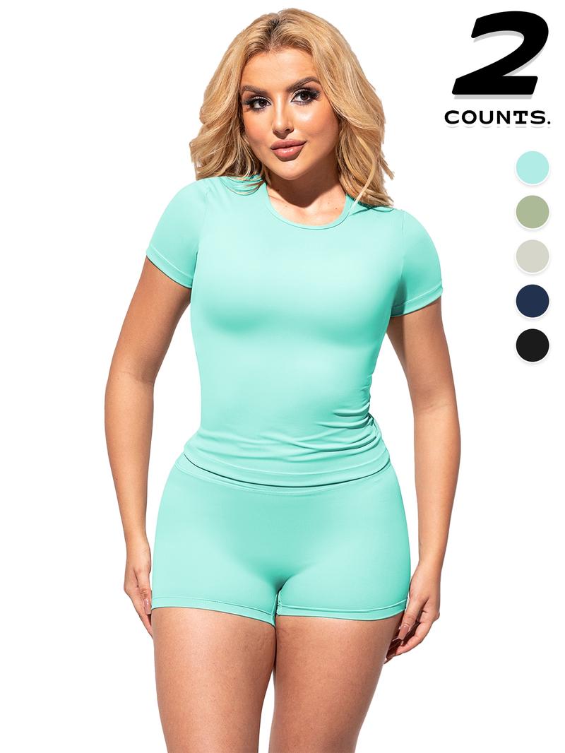 2PCSWomen's Solid Color Short Sleeve Tee & Shorts Set, Breathable Gym Yoga Running, Training Clothes, Comfortable Sportswear for Women