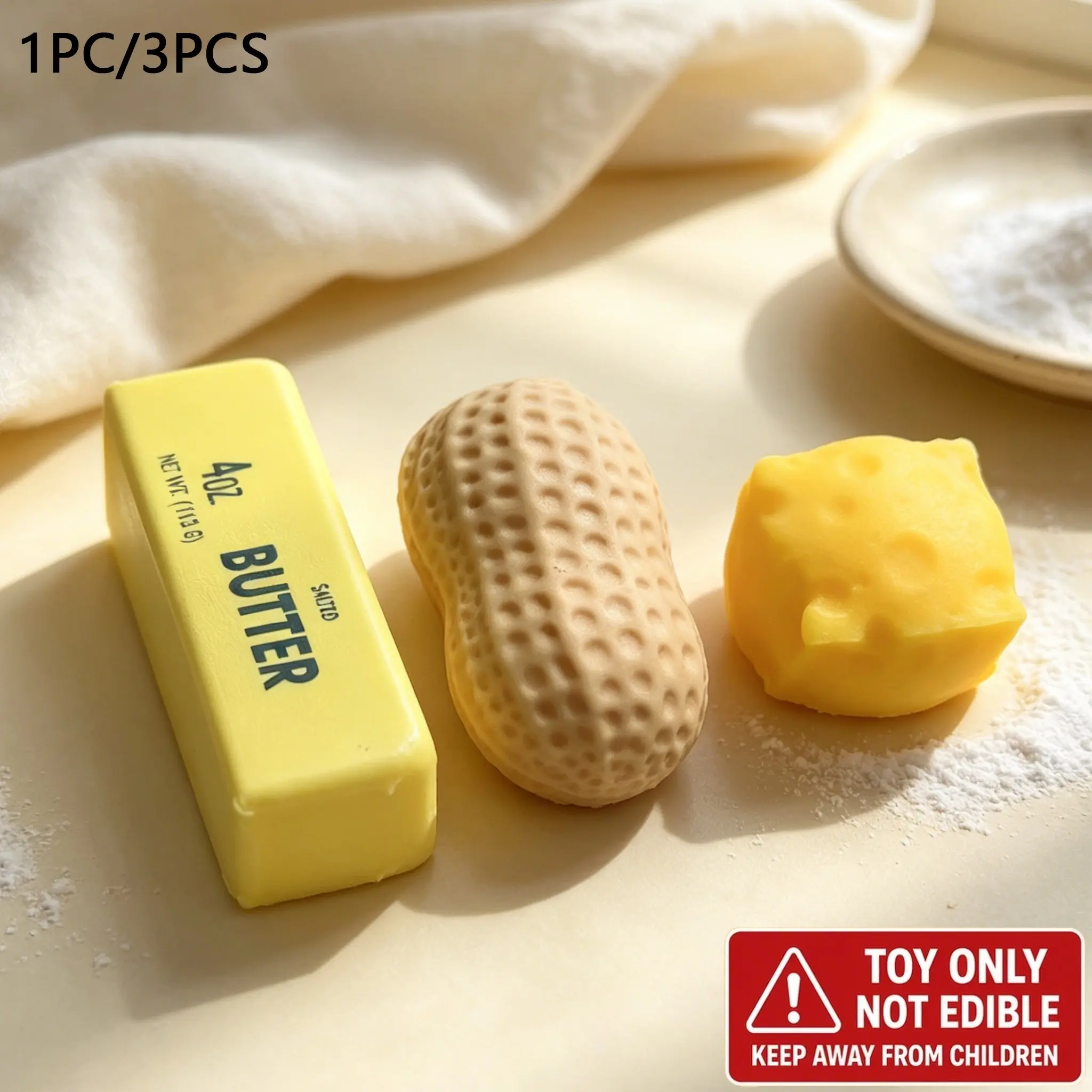 1pc/3pcs Simulation Butter Cheese Peanut Stress Relief Toy, Squishy Dough Ball, Stress Ball Fidgets, Ideal for Party Gifts, Birthday Presents, Christmas Gifts