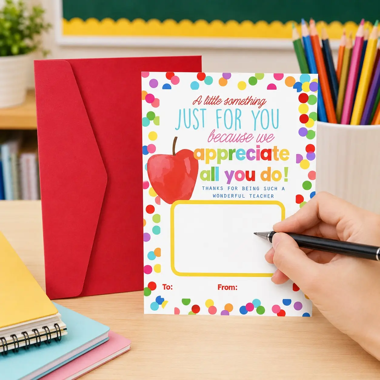 4 Pack Teacher Appreciation Cards with Red Envelopes, Thank You Notes With Envelopes Set, Thank You Cards for Teachers, Blank Message Greeting Cards for Teacher Appreciation Week, End of Year and Graduation Gifts