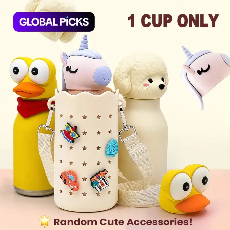 DLOCCOLD 16 Oz Insulated Stainless Steel Water Bottle, Detachable Soft Animal Head, Kids Water Bottle, Reusable & Leak-Proof, Gift Idea for Kids
