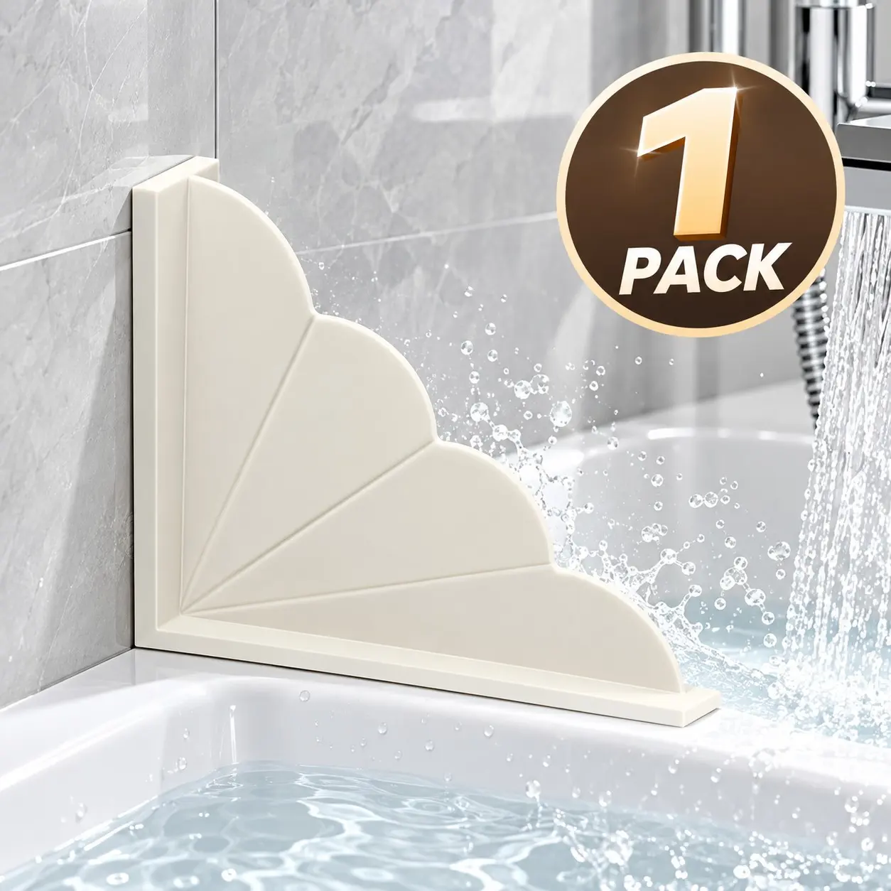 1 Pack Dual-Sided Suction Cup Cream White Silicone Shower Splash Guard, Removable Fan-Shaped Water Blocker for Bathtub Corners, Bathroom Sinks and Kitchen Counters, Reusable No-Drill Splash Barrier for Home, Easy Clean Water Deflector, Splash Shield
