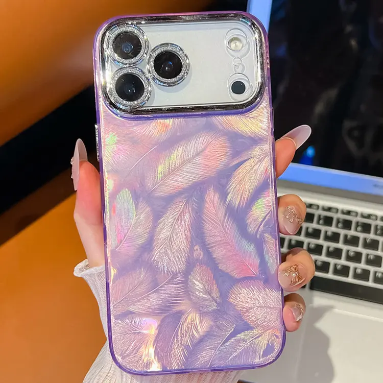 Compatible with iPhone 17, 16, 15, 14, 13, S26 Ultra, S25, S24, A56, Electroplated Shockproof Protective Phone Case with Laser Feather Texture HNZ0327