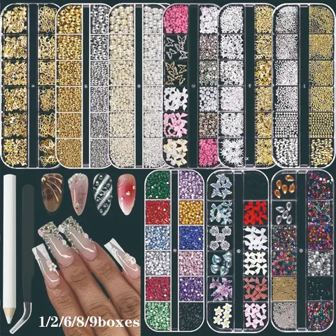 Multicolor 3D Bling Rhinestone and Artificial Pearl Nail Art Kit with Heart and Flower Resin Charms, Picker Pen and Tweezers for DIY Nail Decoration, Gift for Women