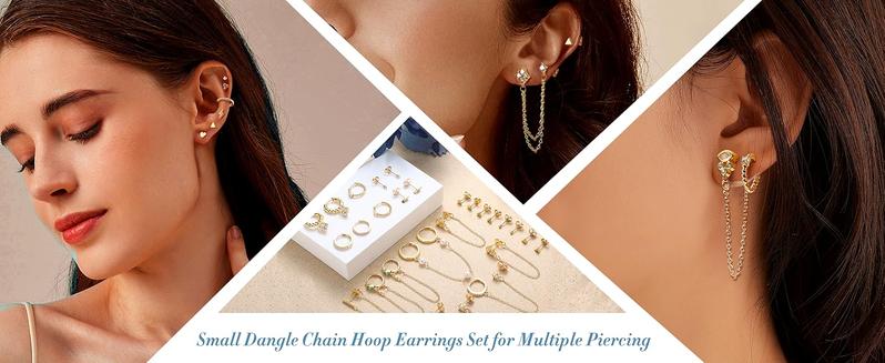 BESTEEL 27 PCS Dainty Gold Earrings Set for Women 14K Gold Plated Stud Huggie Hoop Earring Sets for Multiple Piercing Hypoallergenic Surgical Steel Small Dangle Chain Cartilage Earrings Stacks Pack