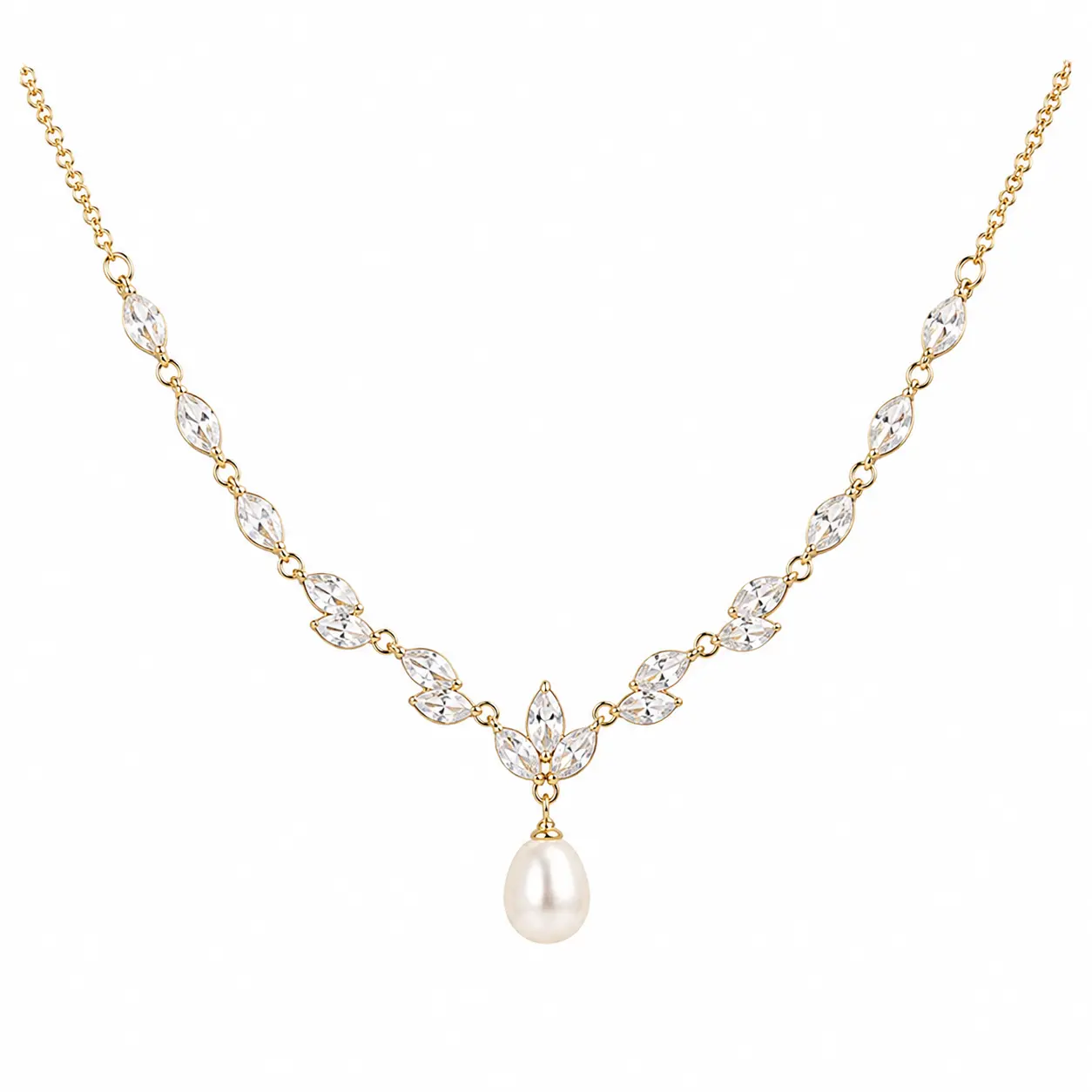 Qyalie Pearl Necklace for Women, 14K Gold Plated Freshwater Pearl Pendant Necklace with Sparkling Zirconia Leaf Chain, Delicate Elegant Jewelry for Women, Hypoallergenic Everyday Wear Birthday Mother's Day Gift, Link Chain, Casual Wear