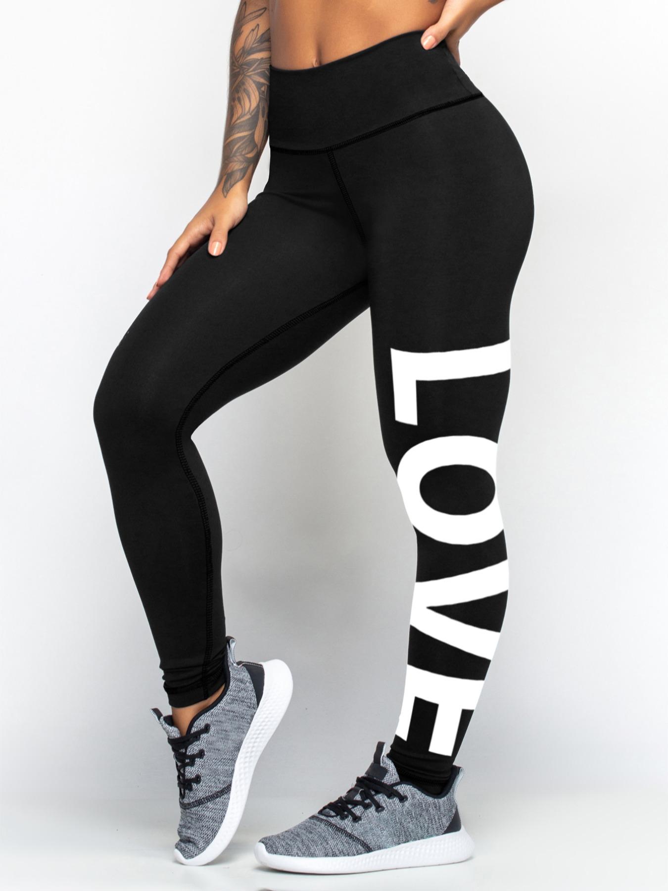 Women's Letter "LOVE" Print High Waist Sports Leggings, Sporty Comfy Skinny Pants, Summer Outfits 2024, Gym Clothes, Gym Fitness Leggings, Stretchy Workout Leggings, Ladies Sportswear, Tummy Control, Skinny Yoga Bottoms, High Waisted Leggings