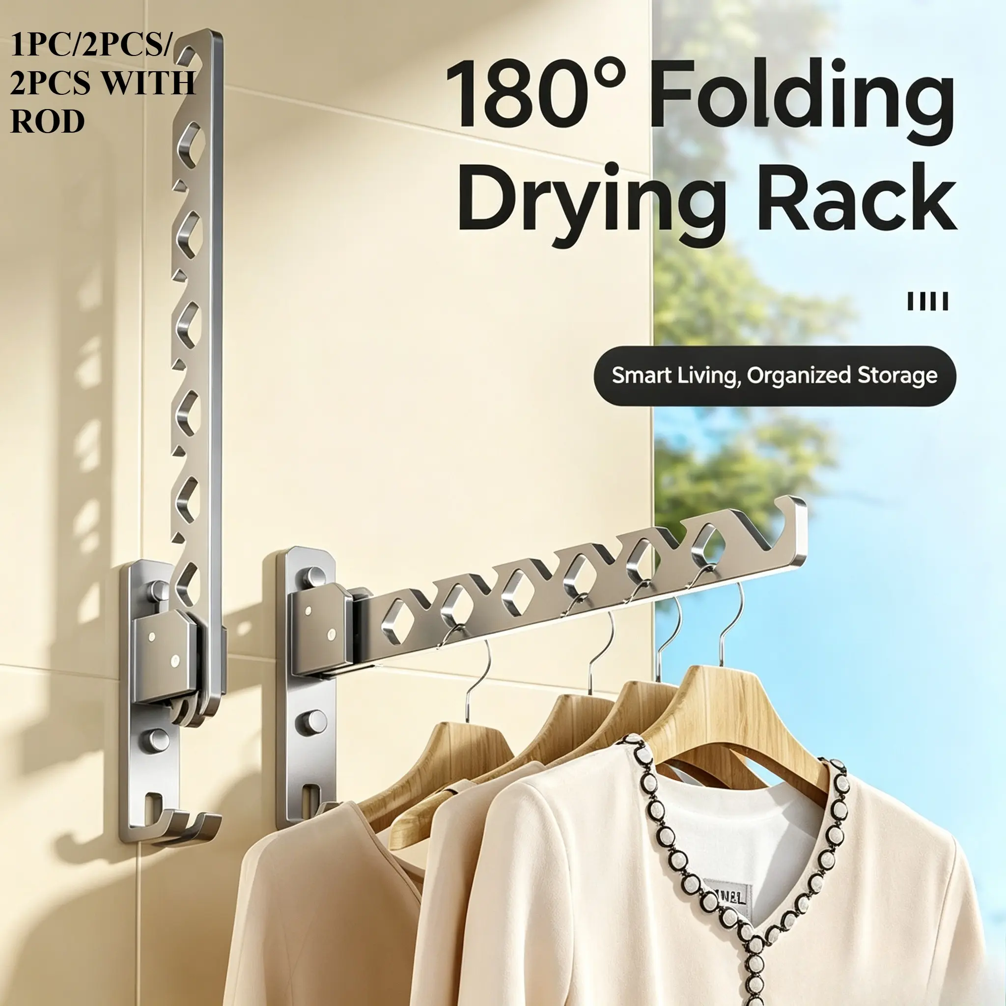 Stainless Steel 180° Folding Wall Drying Hanger, Fold-flush Hidden Clothes Rack for Shower Room & Balcony Wall