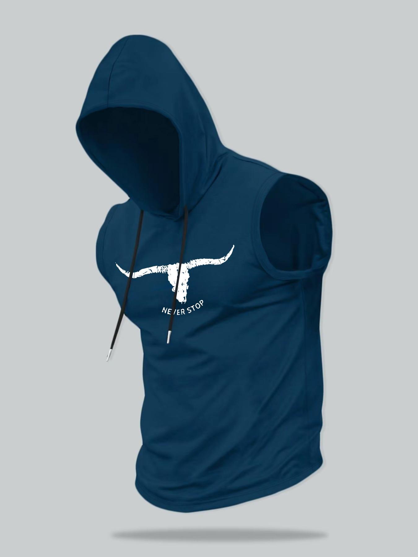 Men's Regular Fit Letter & Bull Head Print Hooded Tank Top, Casual Graphic Sleeveless Top for Summer, Fashion Men's Top for Daily Wear, Workout Tank Top