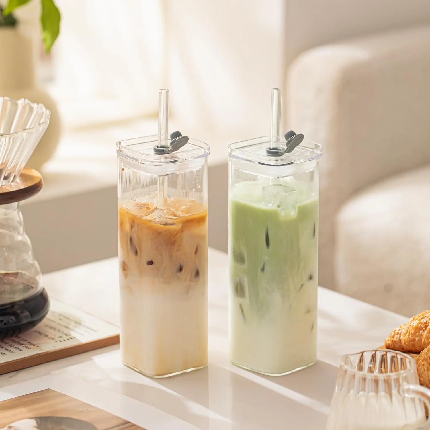 8 Piece 500ml Clear Square Glass Cups Set Lids Straight Straws Brushes Included Large Capacity Eco Friendly Drinkware Home Office Daily Drinking Quality Choice For Juice Smoothie