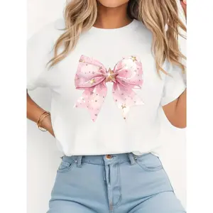 Women's 180g Pure T-Shirt S-5XL - Pink Bow & Star Print Round Neck Short Sleeve Blouse-Compatible Suitable for Spring Summer Fall Casual Wear, Machine Washable Everyday Basic Top for Layering or Gift