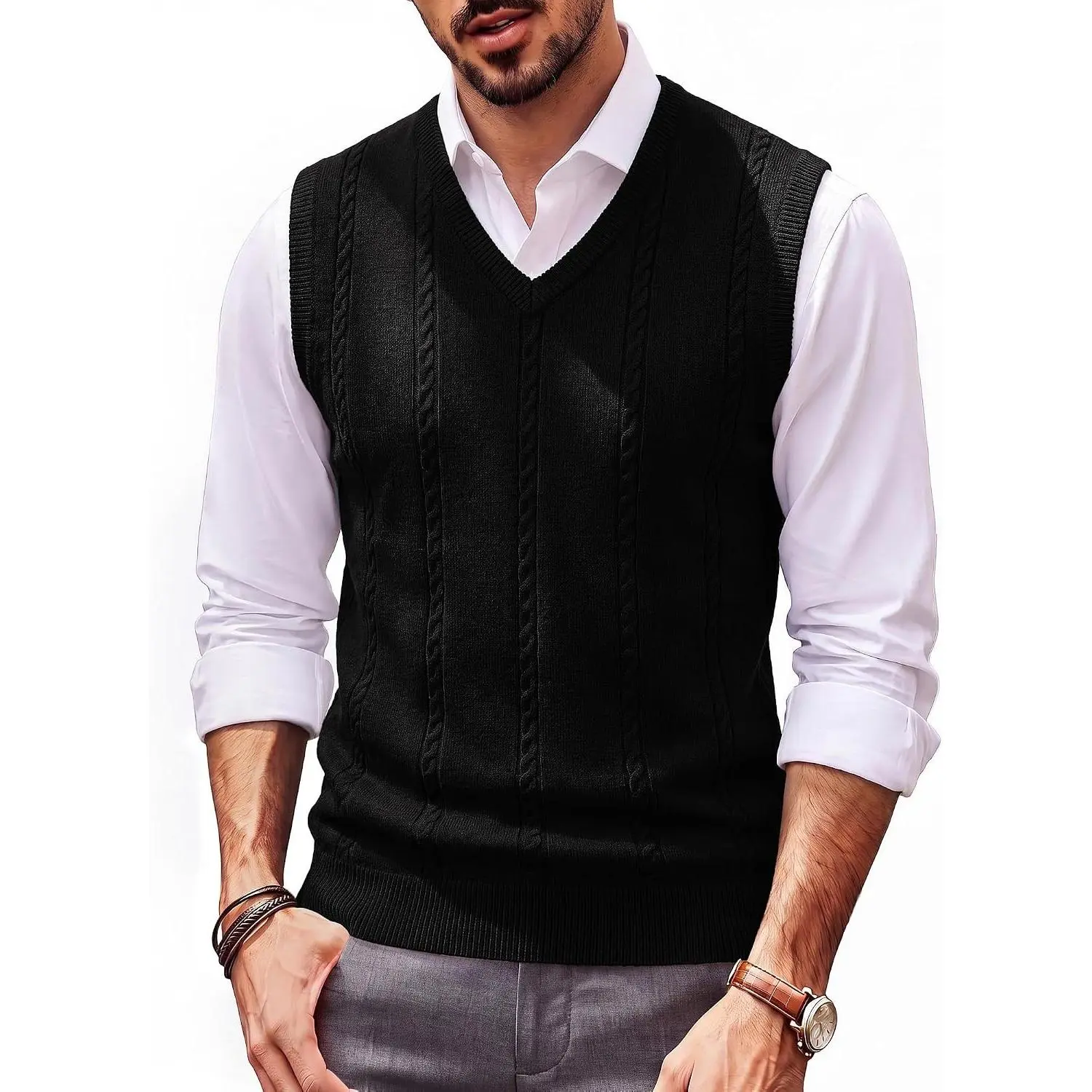 Mens Cable Knit Sweater Vest V Neck Sweater | V Neck Pullover Knitted,Breathable Stretchy Sweater Vest,Regular Fit Casual Sweaters,Classic Fall and Winter Tops