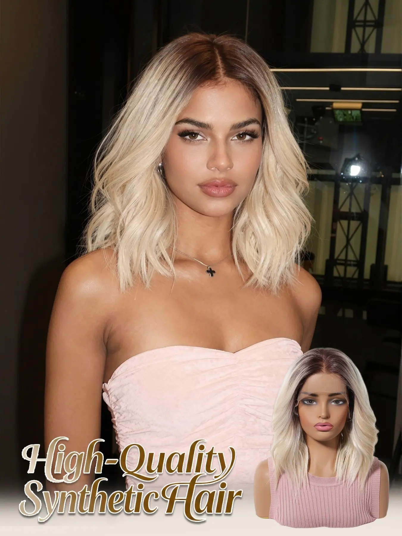 Topshe Platinum Bob Wig, 14 Inches, Lace Front, Gradient Color, Heat Resistant Fiber, Unisex, Perfect for Halloween, Role Play, Various Occasions