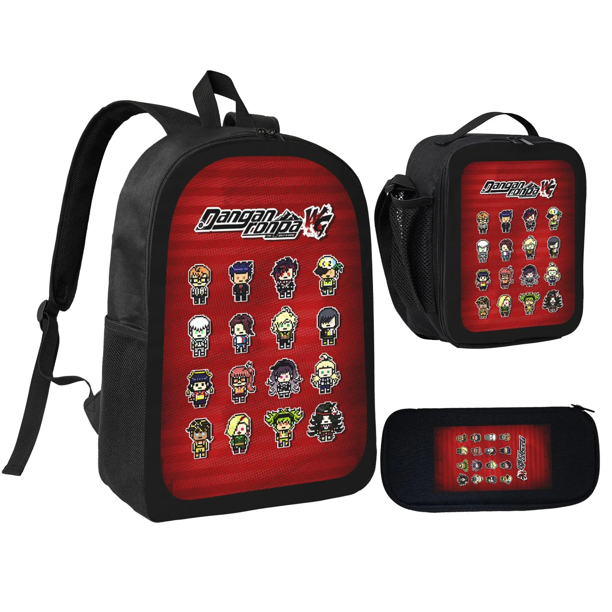 Pixel Art Anime Backpack Set for Teens, 3-in-1 Oxford Fabric School Bookbag with Insulated Lunch Box & Pencil Case, 17-Inch Red Retro Game Print Rucksack for Travel, Back To School Haul, Multi-In-One Backpacks