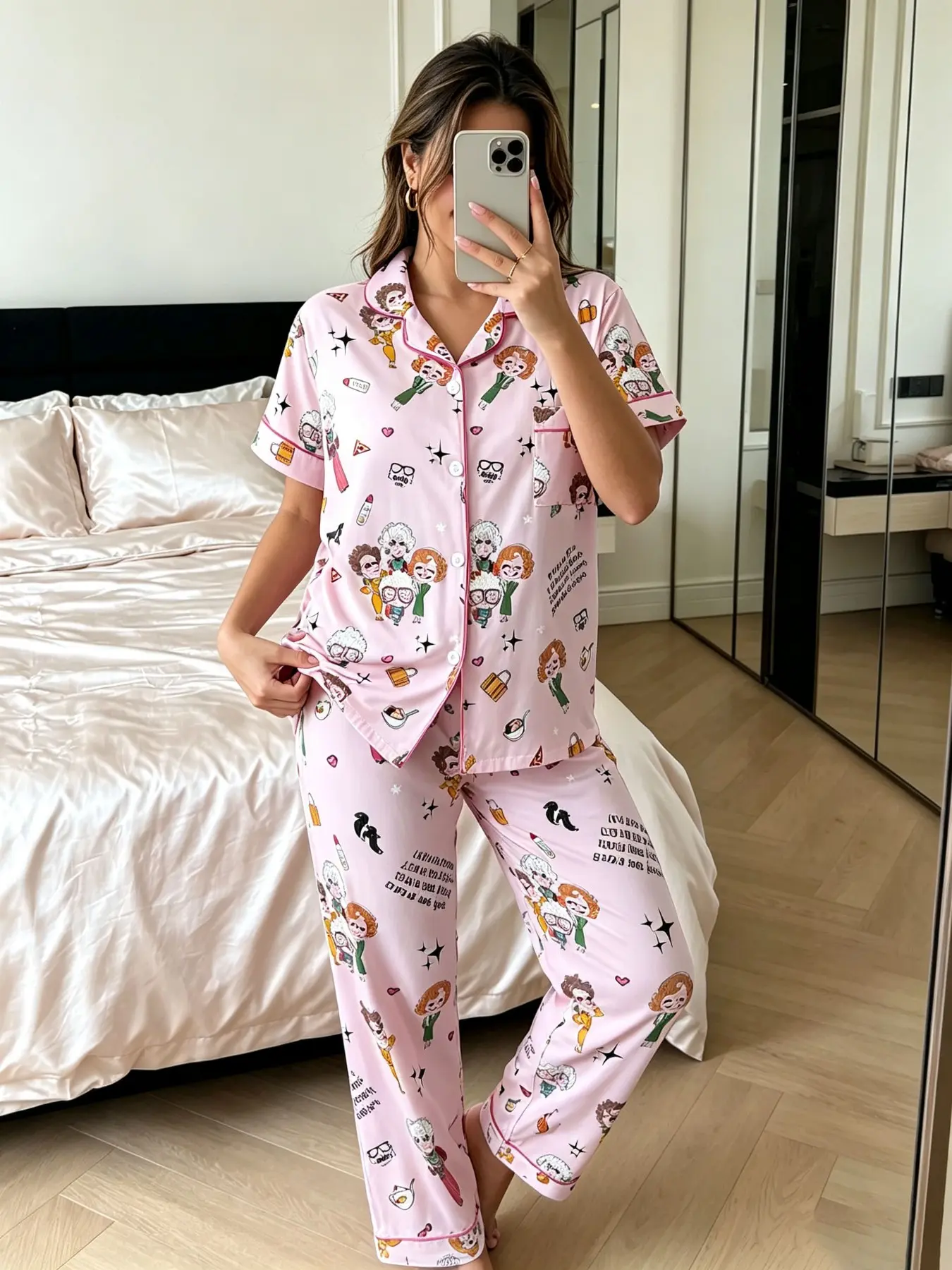 the Golden Girls Pajama Set, Classic Character Print, Lapel Short Sleeve Long Pants, Comfortable Wear, Party Gift, Homewear