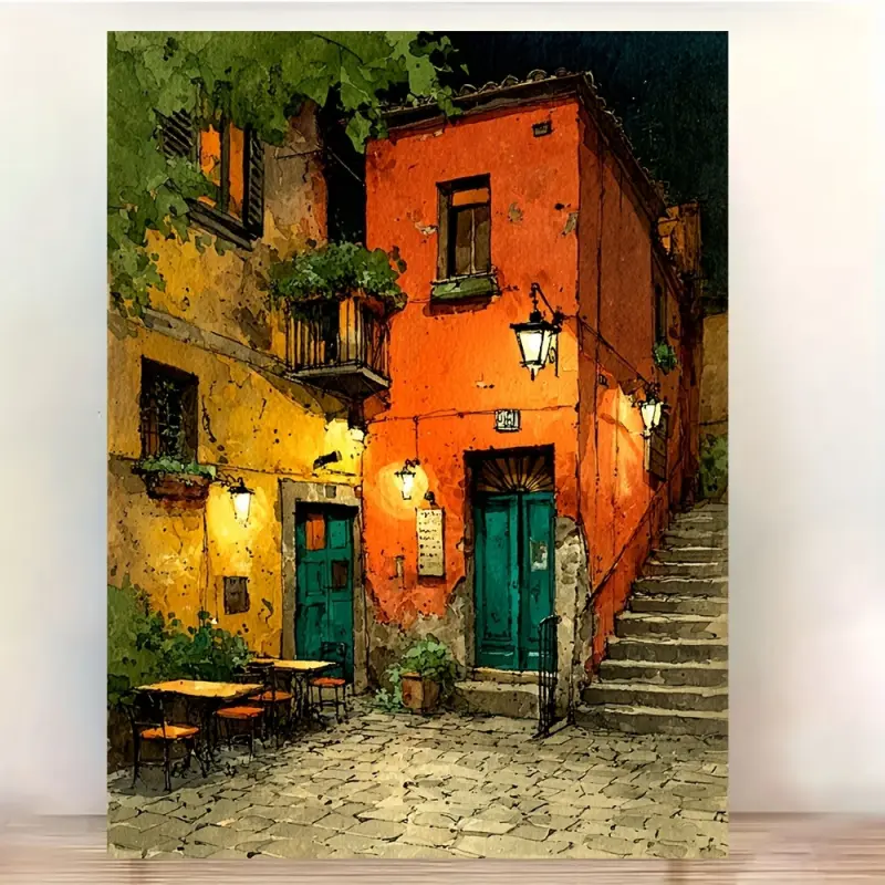 2D, 1-Piece Framed Roman Italy Trafalgar Night Scene Painting - Vintage Italian Street Scene Wall Art Poster, Home Wall Art, Warm Lighting, Ready-to-Hang Wrapped Canvas Print, (30x40cm) - Warm-Toned Italian Decor for Living Room, Kitchen, Office - Indoo