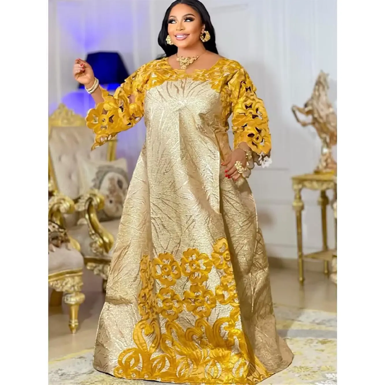 Women's African Plant Print Maxi Dress, Traditional Dashiki Kaftan Style Long Sleeve Gown, Muslim Robe, Maxidresses, Muslim Outfits