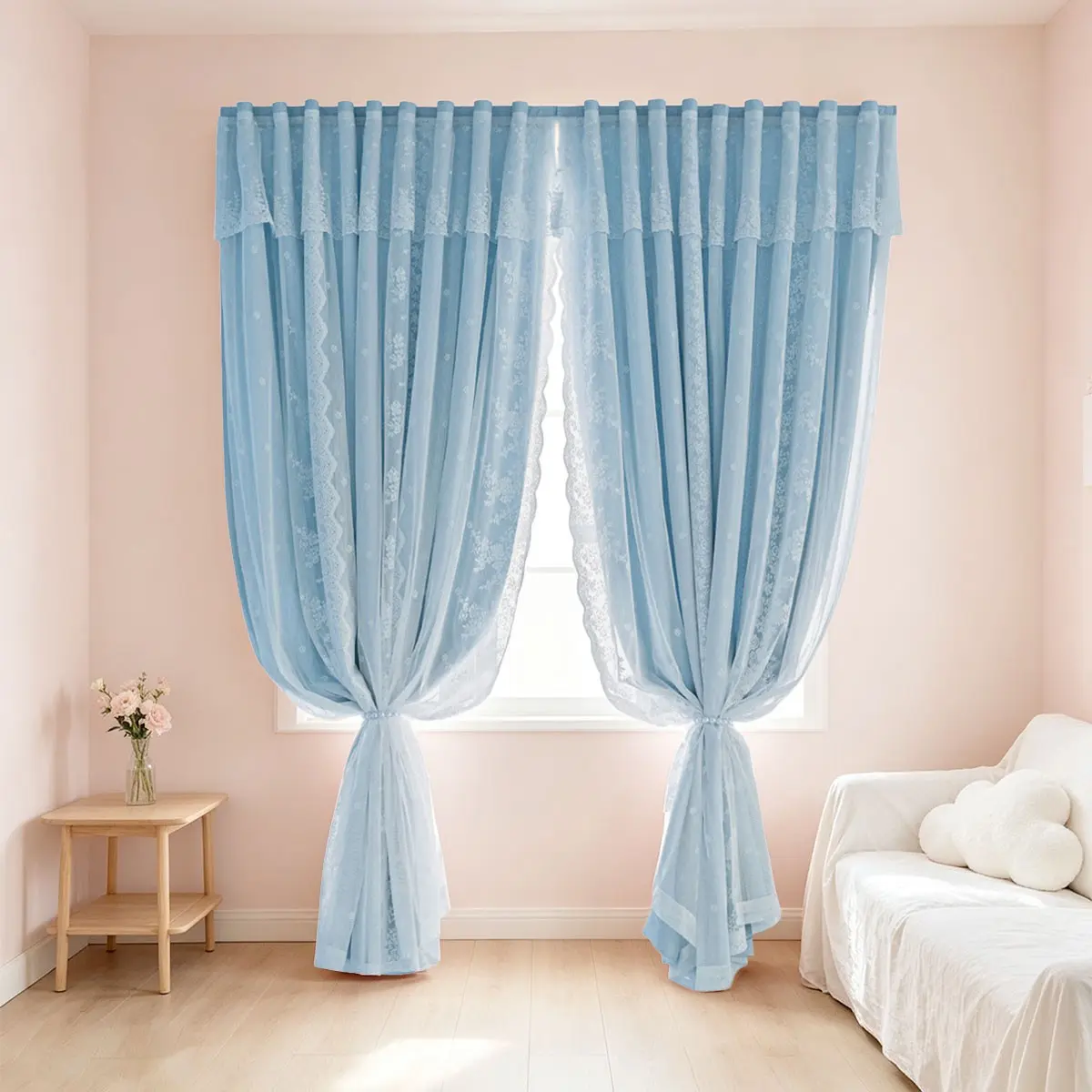 2pcs Sky Blue Lace Floral Magic Tape Curtains, Korean Style Soft Wind, Dual Layer Mesh Wave Lace Trim, Privacy Protection, Wooden House Window Decor