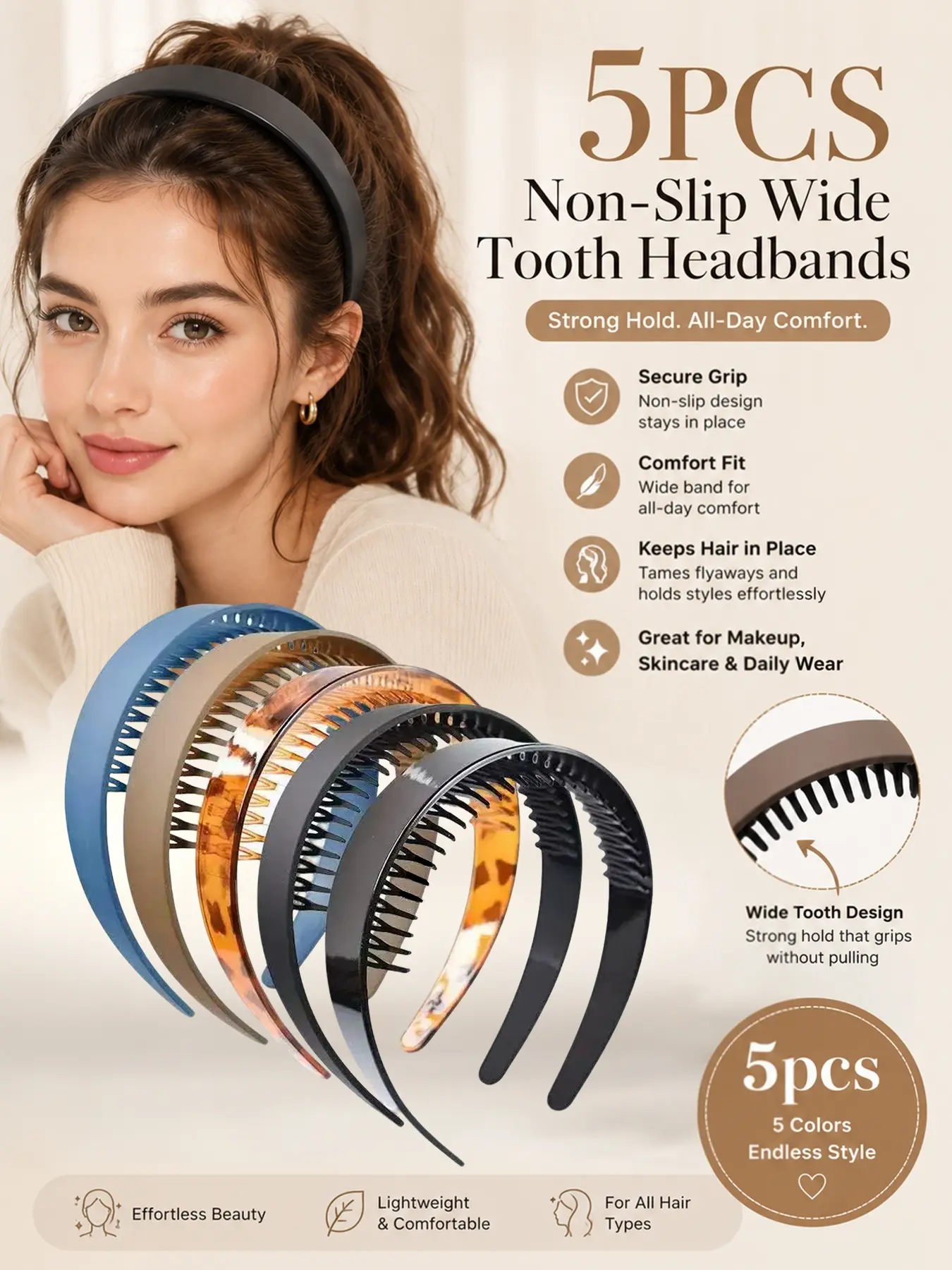 5PCS Non Slip Wide Tooth Headbands for Women Men, Fashion Simple Plastic Comb Hair Bands with Teeth, Matte Wide Headband Set for Strong Grip, No Pull Comfort, Unisex Hair Accessories for Makeup, Skincare, Face Wash, Daily Wear & Sports