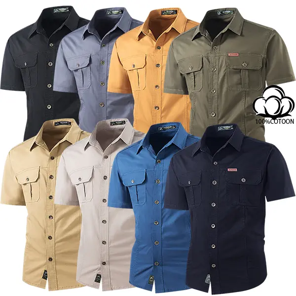 Men’s 100% Cotton Short Sleeve Work Shirts, Multi-color Button-Down Utility Tops, Breathable Casual Summer Outfits for Rugged Mensfashion Style