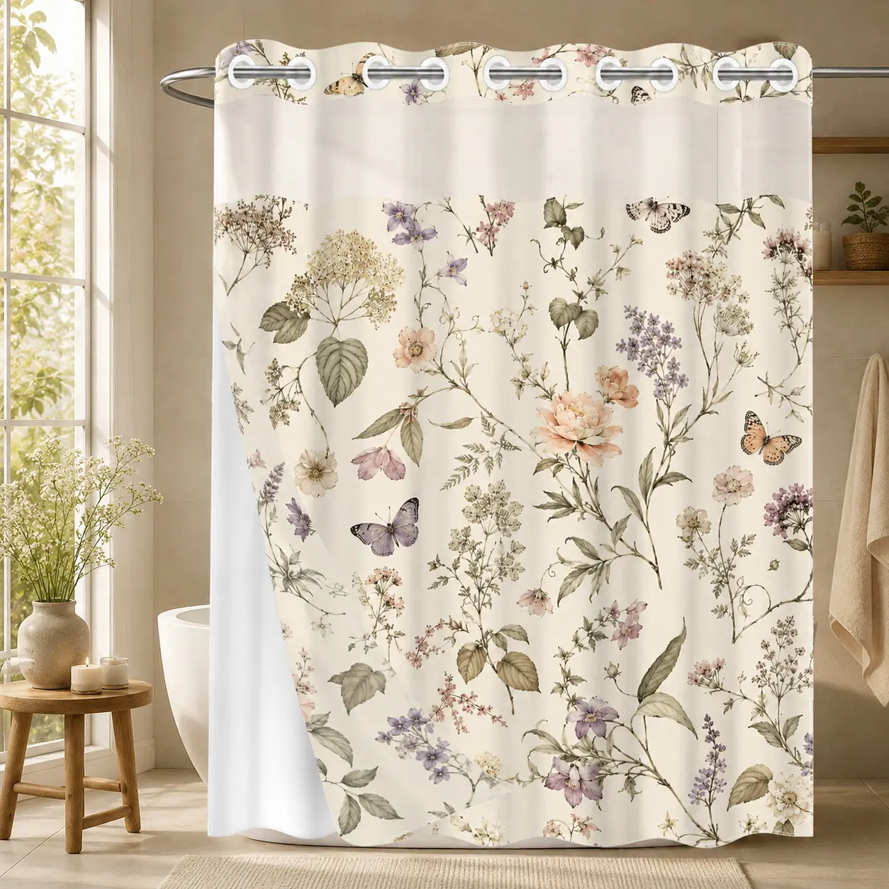 1Pc Hookless Waterproof Shower Curtain, Cream Vintage Watercolor Thin Wildflower Butterfly Floral Print, Quick Dry Mildew Proof Fabric, Removable Snap-in Liner Accessory, Top See-Through Window, Soft Retro French Divider Curtain 71×74 Inch