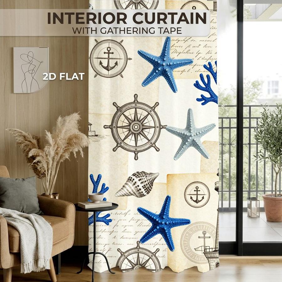 2Pcs Coastal Nautical Starfish Coral Lighthouse Pattern Sun Blocking Curtains Digital Printed Rod Pocket, Window Treatment For Bedroom Office Kitchen Living Room Study Home Decor