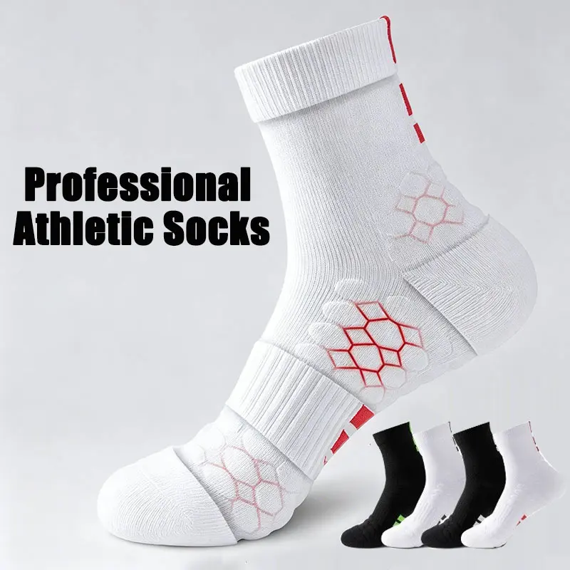 4 Pairs Men’s Professional Cushioned Anti-Slip Mid-Calf Athletic Socks, Unisex for Teen Boys & Girls, Breathable Padded Sole Multi-Color Training Socks for Basketball, Running, Gym & Cycling