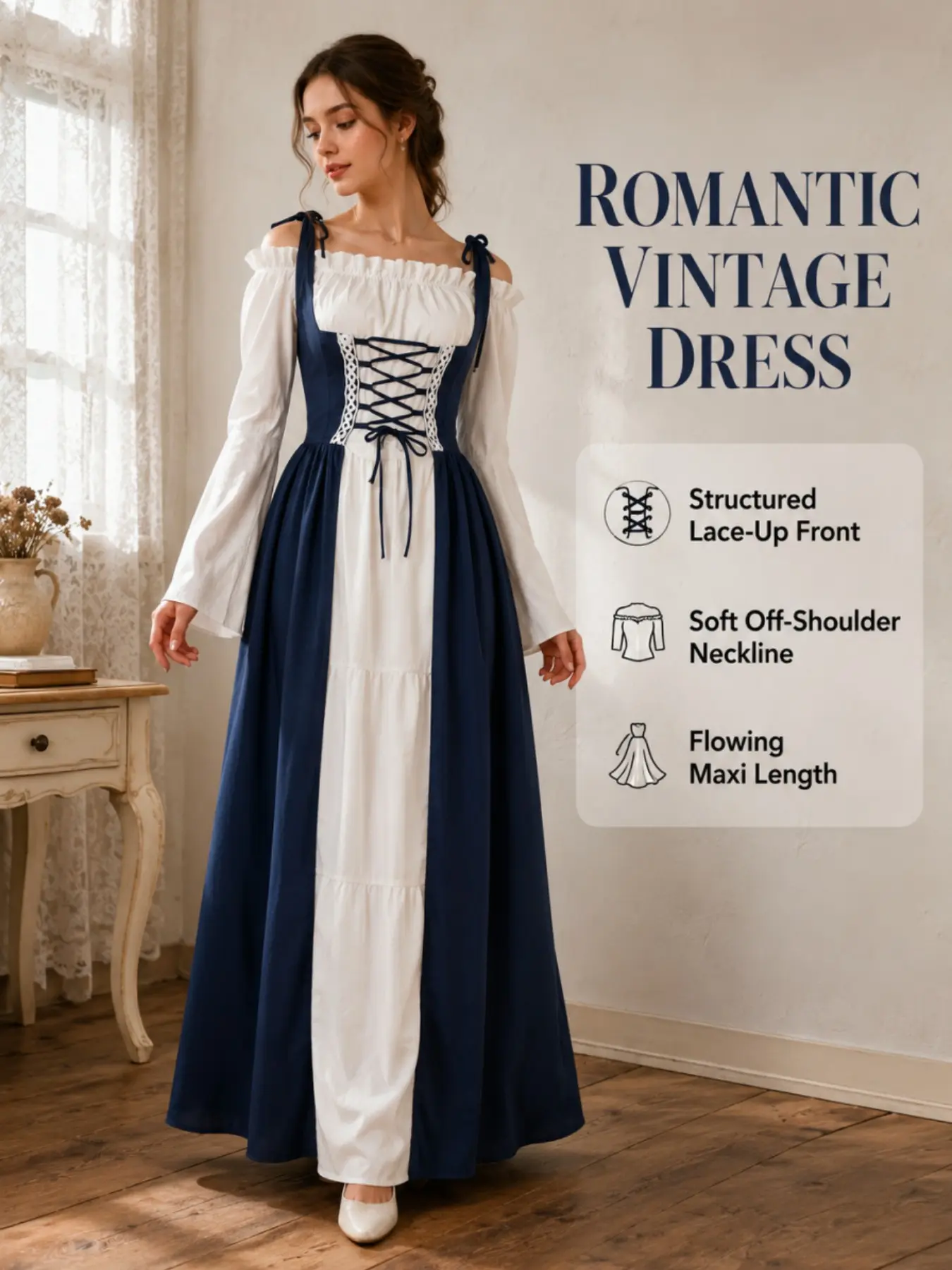 Medieval Retro Dress, Off-Shoulder Bell Sleeve, Adjustable Tie Waist, Elegant Romantic Court Style, Stage Party Performance Dress, Elegant Formal Style