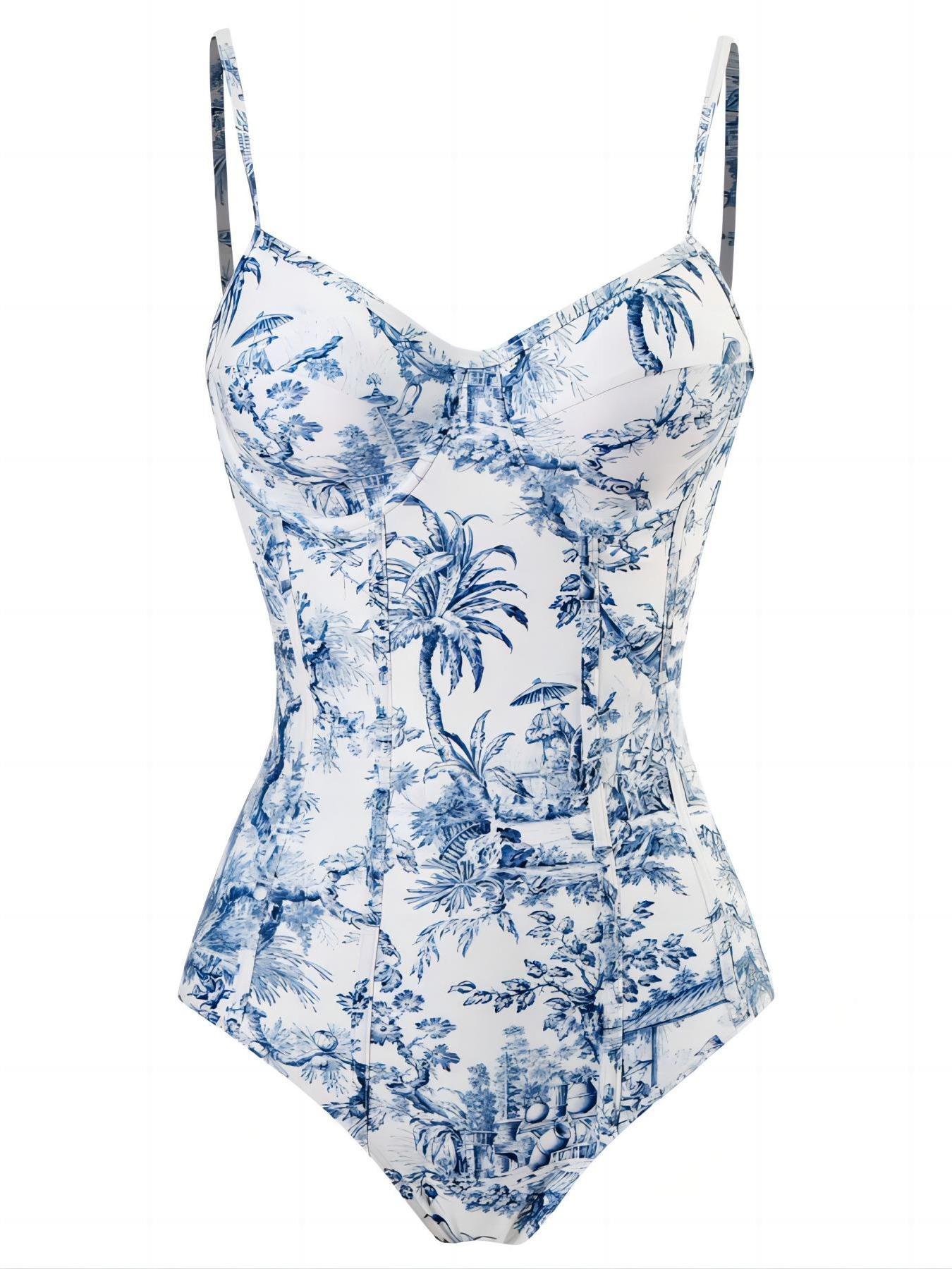 Women's Plants Print Cami Bodysuit & Contrast Mesh Skirt Set, Summer Clothes Women Elegant Spaghetti Backless Camisole & High Waist Knot Detail Skirt, Valentine's Day Gift