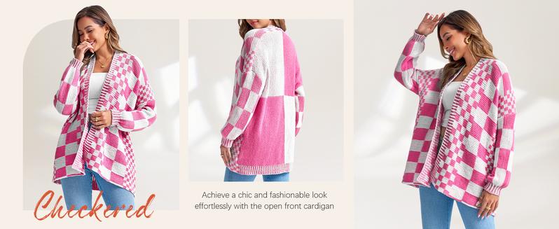 Saodimallsu Womens Checkered Sweater Color Block Plaid Cardigans Oversized Long Sleeve Knit Open Front Coats