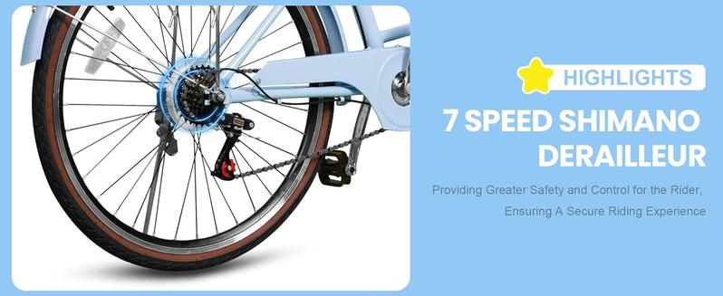 Beach Cruiser Bike for Women, 24 inch 7 Speed Commute Bike for Adults, Women Bicycle with Ratten Basket and Adjustable Seat, Lightweight Step Through Bike for Adults Women Ladies, Light Blue