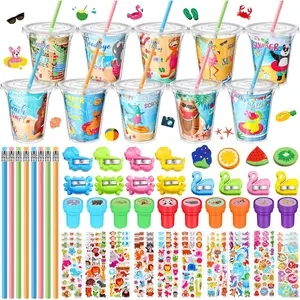 210 Pcs End of the Year Stationery Gifts Summer Beach Gift Cards Safari Animal Stamp Pencil Sharpener Eraser Pencil Sticker Cup with Lid for Summer Pool Classroom Gift Exchange Prizes