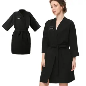 Professional SPA Salon Robe for Clients, Black Spa-Patterned Adjustable Tie-Front Gown, Durable Fabric Beauty Customer Robe for Spa, Massage, Hair Cutting & Styling, Unisex Salon Wear for Comfortable Service